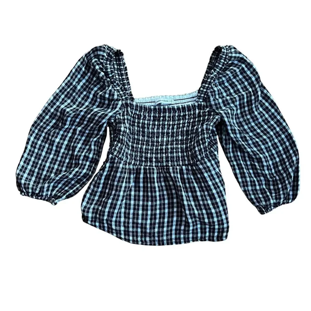 Abercrombie & Fitch Y2K Smocked B&W Gingham Square Neck Peplum Top Puff Sleeves
